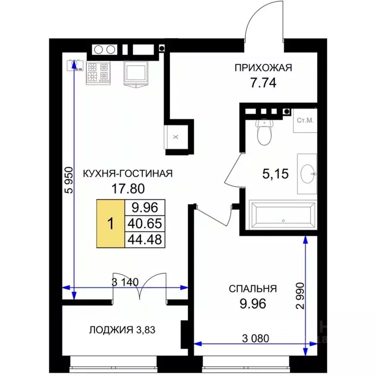 1-к кв. Калининградская область, Гурьевск Включи жилой комплекс (44.48 ... - Фото 0