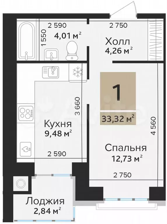 1-к. квартира, 31,9 м, 3/10 эт. - Фото 1