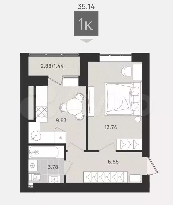 1-к. квартира, 35,1 м, 4/9 эт. - Фото 1