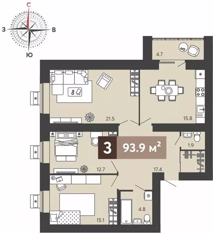 3-комнатная квартира: Пенза, улица Щербакова, 69 (93.9 м) - Фото 1
