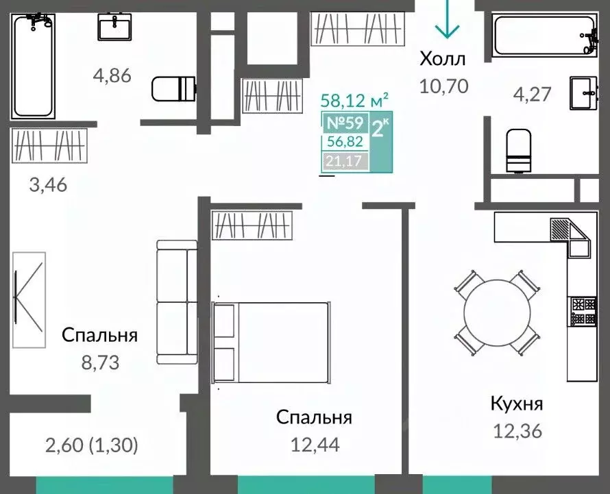 2-к кв. Крым, Симферополь просп. Александра Суворова (58.12 м) - Фото 0