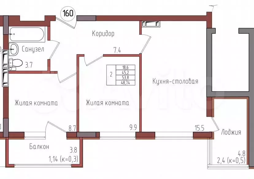 2-к. квартира, 48,7м, 3/9эт. - Фото 0