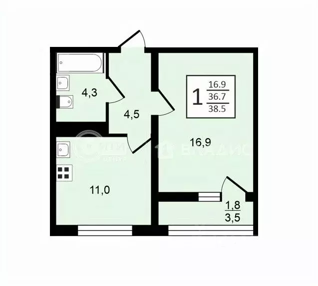 1-к кв. Воронежская область, Воронеж ул. Шишкова, 140Б/6 (38.5 м) - Фото 0