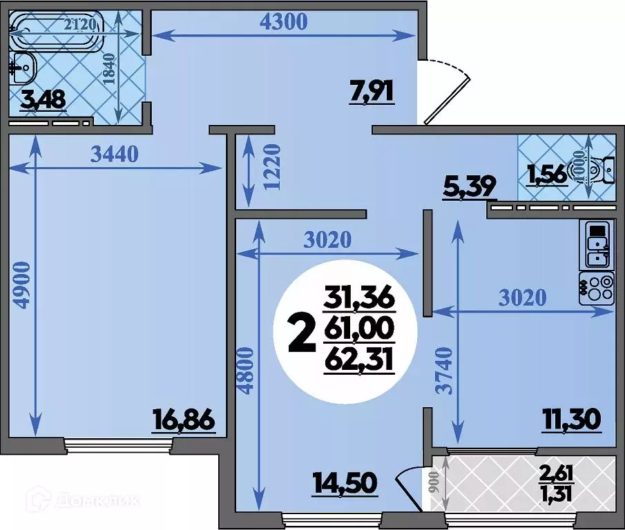 Продаётся 2-к квартира, 62.31 м - Фото 1