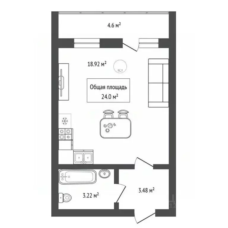 Студия Новосибирская область, Новосибирск Воскресная ул., 54 (24.0 м) - Фото 2
