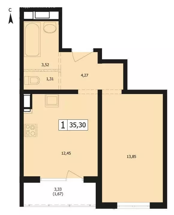 1-комнатная квартира: Краснодар, улица Автолюбителей, 1/3лит2 (35.3 м) - Фото 0