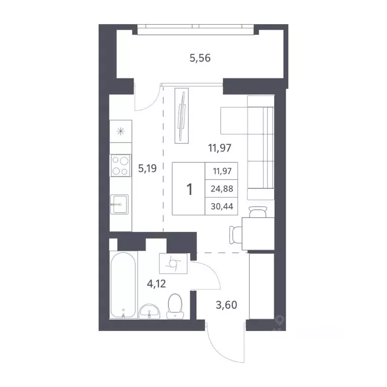 Студия Новосибирская область, Новосибирск ул. Тюленина, 3 (30.44 м) - Фото 0