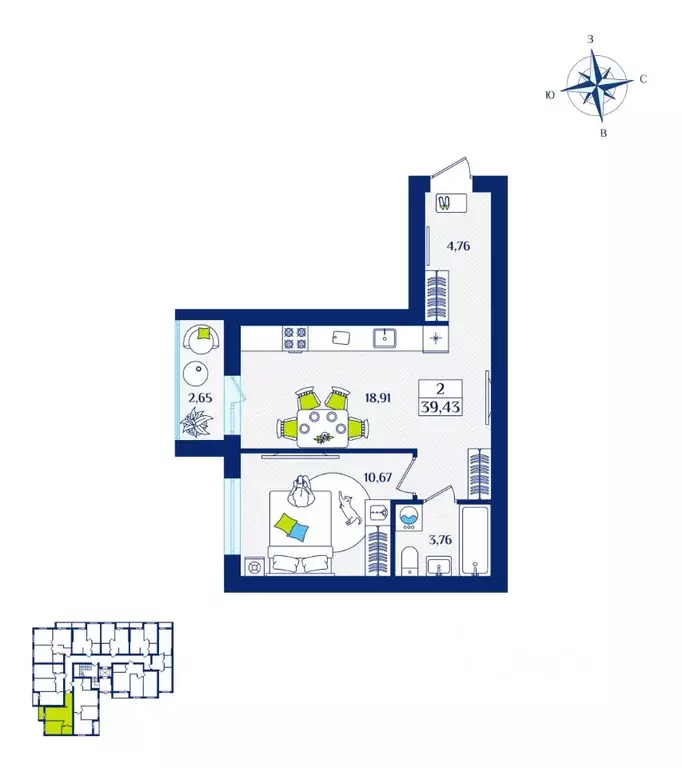 1-к кв. Калининградская область, Зеленоградск  (39.43 м) - Фото 1