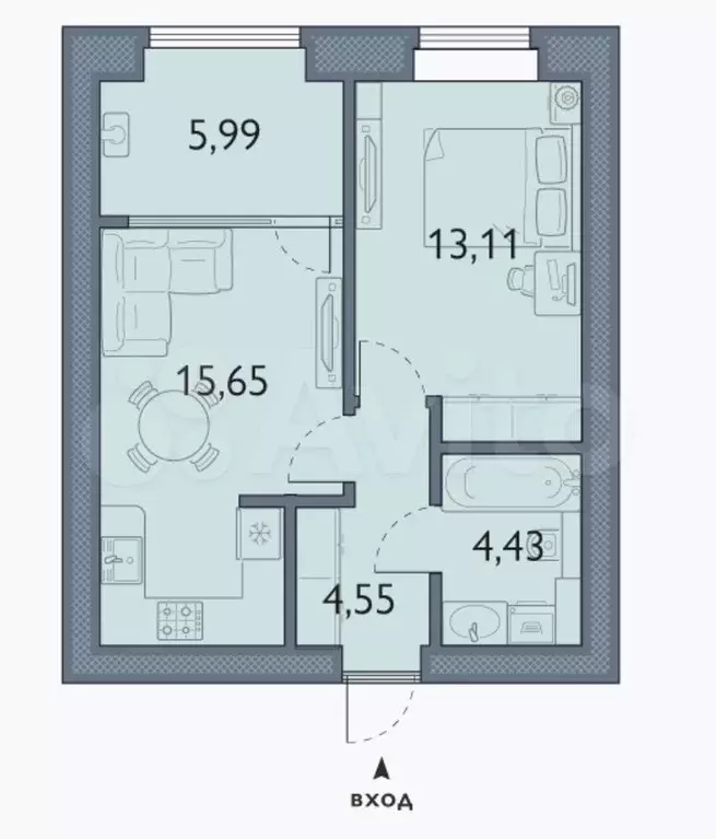 1-к. квартира, 43,6 м, 1/8 эт. - Фото 1