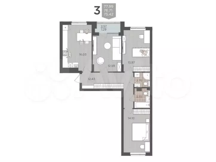 3-к. квартира, 76,7 м, 1/9 эт. - Фото 1
