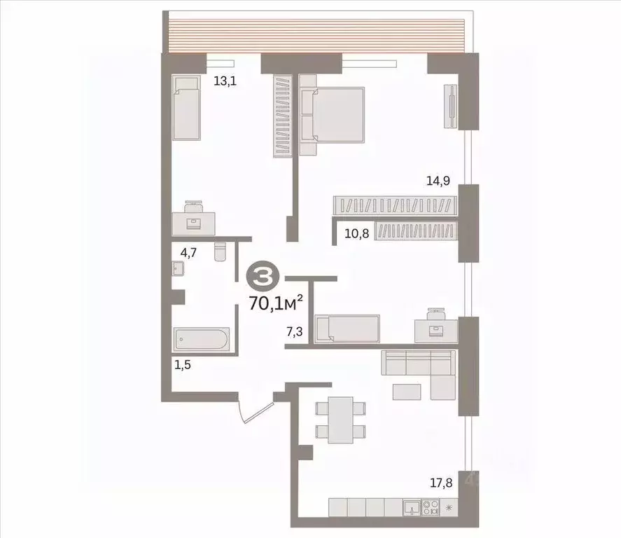 3-к кв. Новосибирская область, Новосибирск Выборная ул., 154/2 (70.1 ... - Фото 2