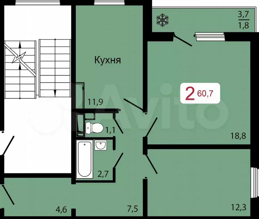 2-к. квартира, 60,7 м, 2/17 эт. - Фото 0
