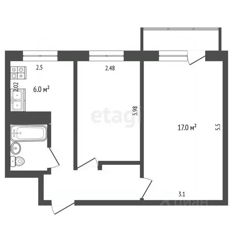 2-к кв. Тамбовская область, Тамбов Рабочая ул., 34к1 (42.7 м) - Фото 2