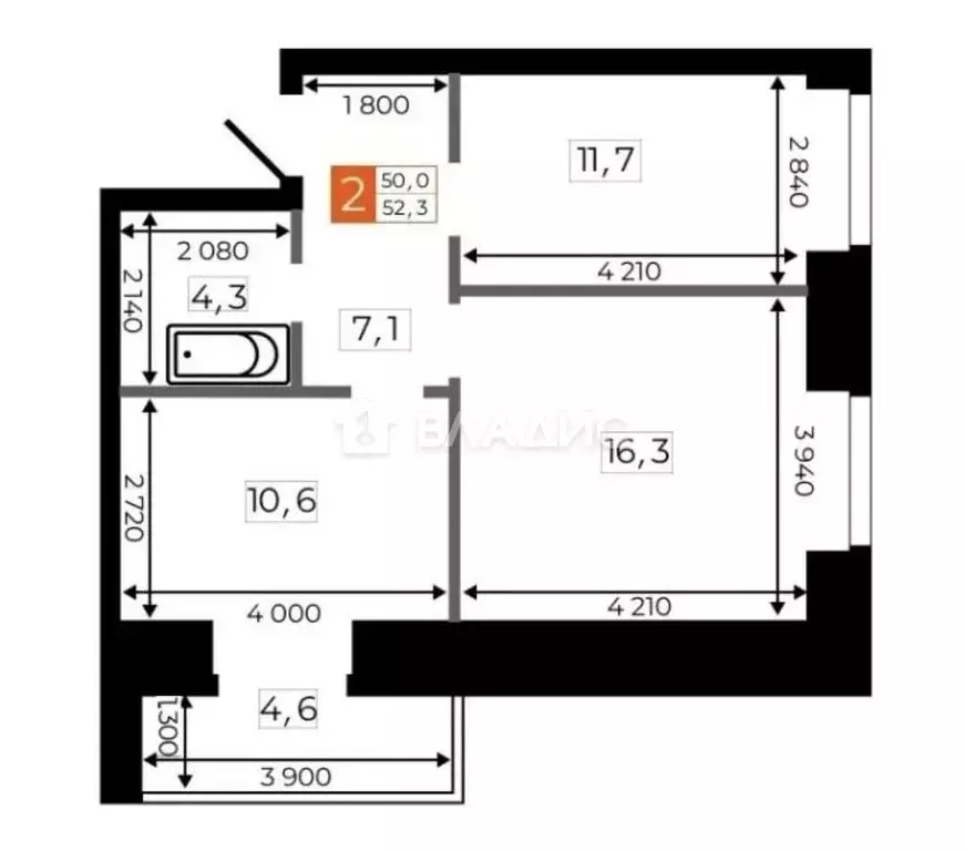 2-комнатная квартира: Благовещенск, Кузнечная улица, 171 (52.3 м) - Фото 1