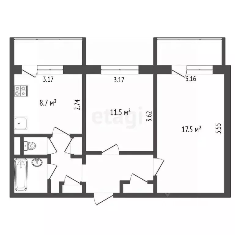 2-к кв. Белгородская область, Белгород ул. Губкина, 35 (51.1 м) - Фото 2
