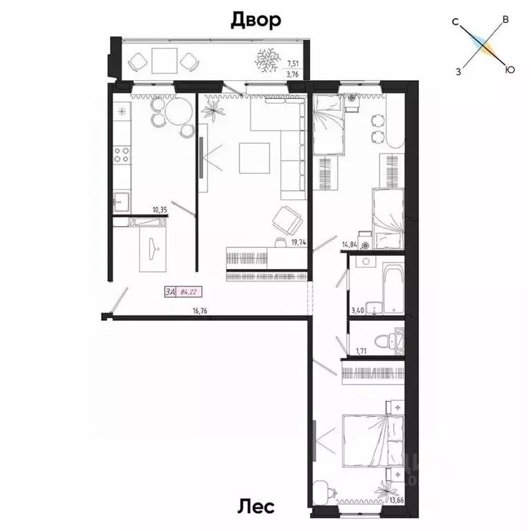 3-к кв. Томская область, Томск тракт Иркутский, 185Б (84.22 м) - Фото 0