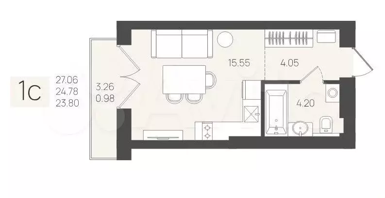 Квартира-студия, 27,1 м, 2/5 эт. - Фото 1
