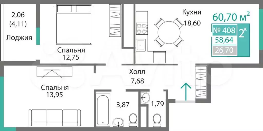 2-к. квартира, 60,7 м, 4/9 эт. - Фото 0