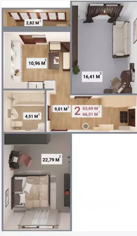 2-к кв. Тверская область, Тверь бул. Гусева, 57 (66.51 м) - Фото 2