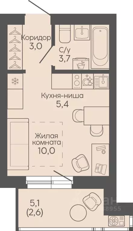 Студия Волгоградская область, Волгоград Трехгорная ул., 27 (24.7 м) - Фото 1