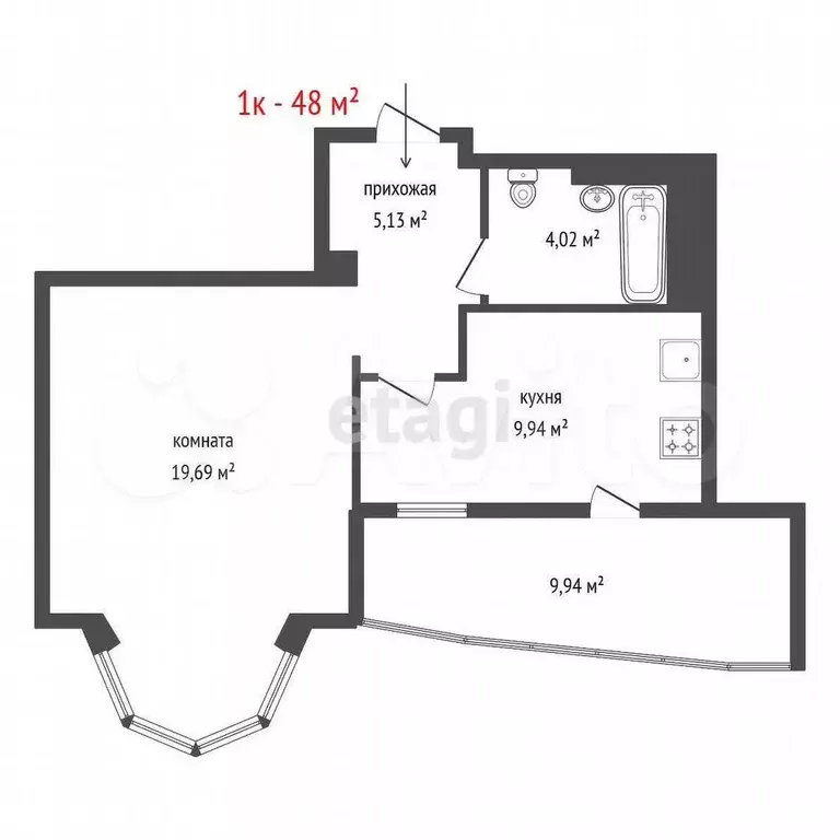 1-к. квартира, 48 м, 2/9 эт. - Фото 0
