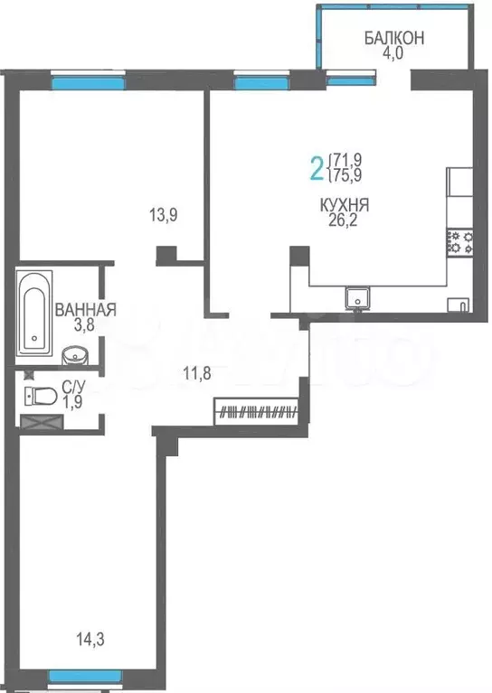 2-к. квартира, 75,9 м, 5/8 эт. - Фото 1