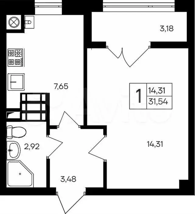 1-к. квартира, 31,5 м, 9/9 эт. - Фото 0