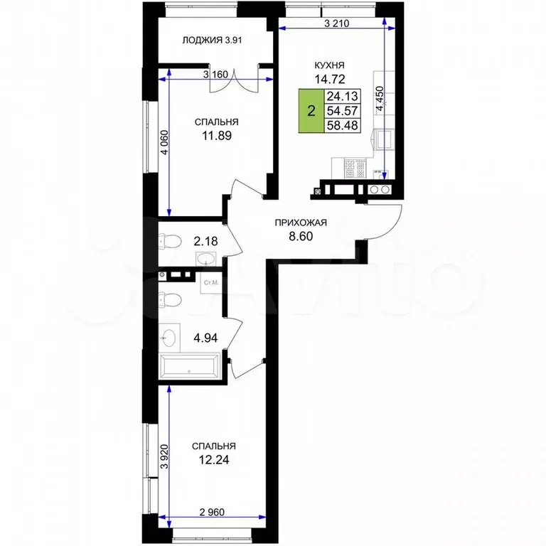 2-к. квартира, 58,5 м, 4/7 эт. - Фото 1