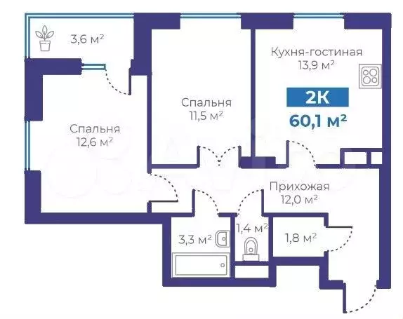 2-к. квартира, 60,1 м, 12/15 эт. - Фото 1