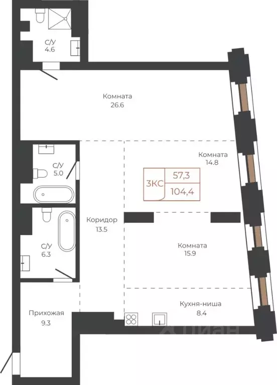 3-к кв. Алтайский край, Барнаул пл. Баварина, 8к2 (104.3 м) - Фото 1