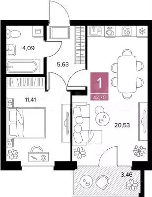 1-к. квартира, 42,7 м, 6/9 эт. - Фото 0