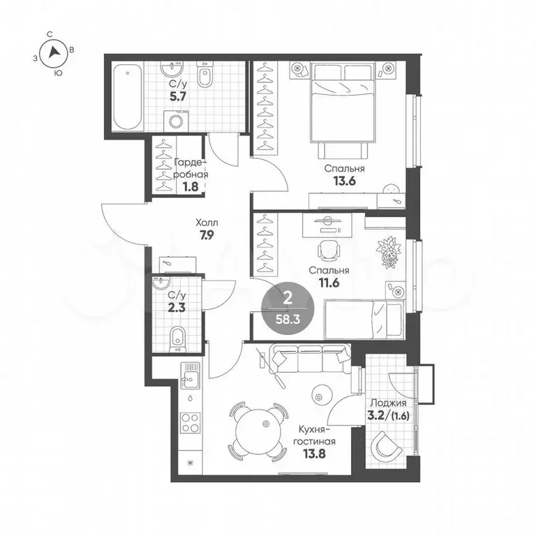2-к. квартира, 58,3 м, 2/9 эт. - Фото 1