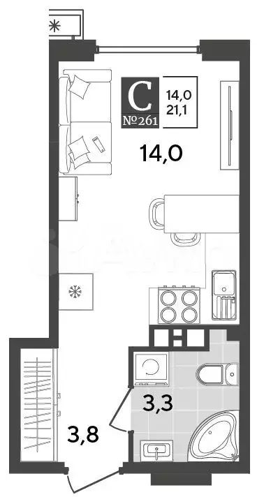 Квартира-студия, 21,1 м, 9/18 эт. - Фото 1