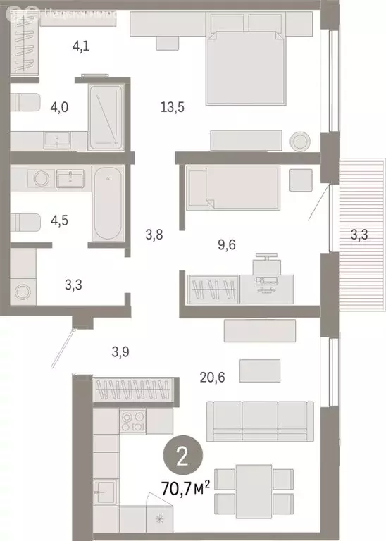 2-комнатная квартира: Новосибирск, Большевистская улица, с49 (70.67 м) - Фото 1