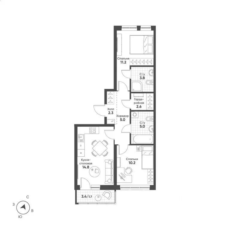 2-к кв. Свердловская область, Екатеринбург Солнечный жилрайон,  (56.6 ... - Фото 1