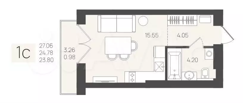 Квартира-студия, 27,1 м, 4/5 эт. - Фото 1