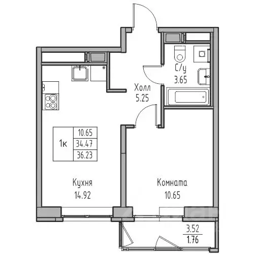 1-к кв. Санкт-Петербург ул. Ивинская, 1к4 (34.47 м) - Фото 1