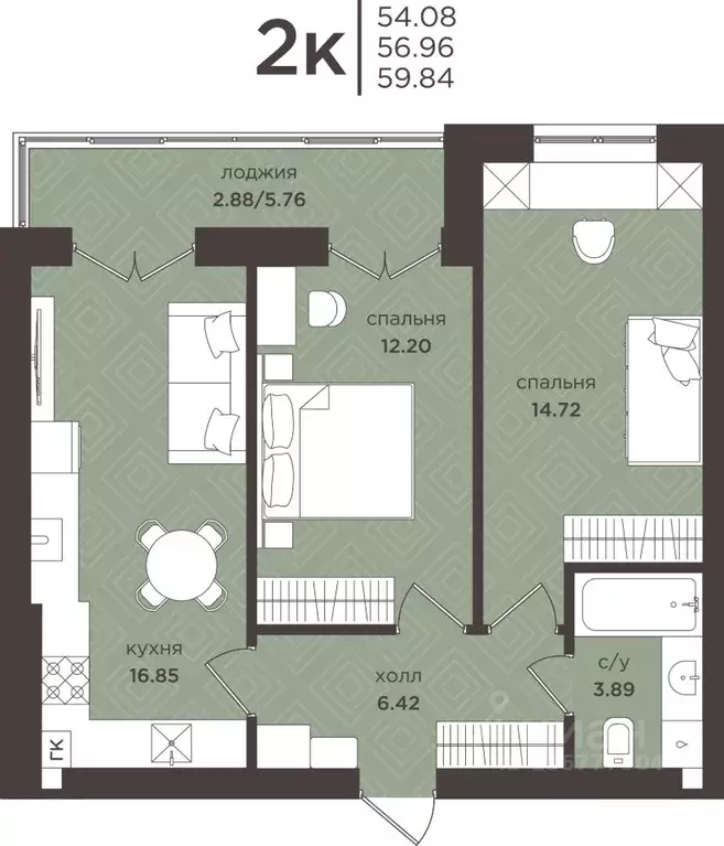 2-к кв. Калининградская область, Гурьевск  (56.96 м) - Фото 1