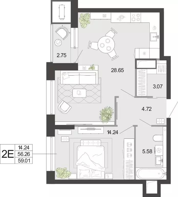 1-к кв. Тульская область, Тула Премьер Парк жилой комплекс (59.01 м) - Фото 2