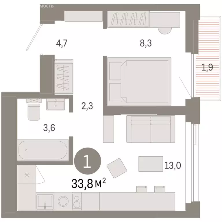1-комнатная квартира: Тюмень, жилой комплекс Зарека (33.77 м) - Фото 1