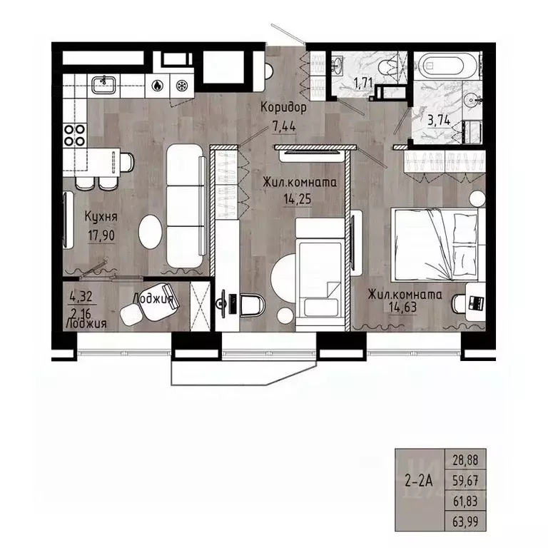 2-к кв. Хабаровский край, Хабаровск Волочаевская ул., 156 (61.83 м) - Фото 1