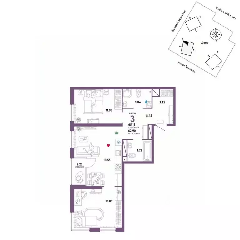 3-к кв. Свердловская область, Екатеринбург тракт Сибирский, 24Д (65.13 ... - Фото 1