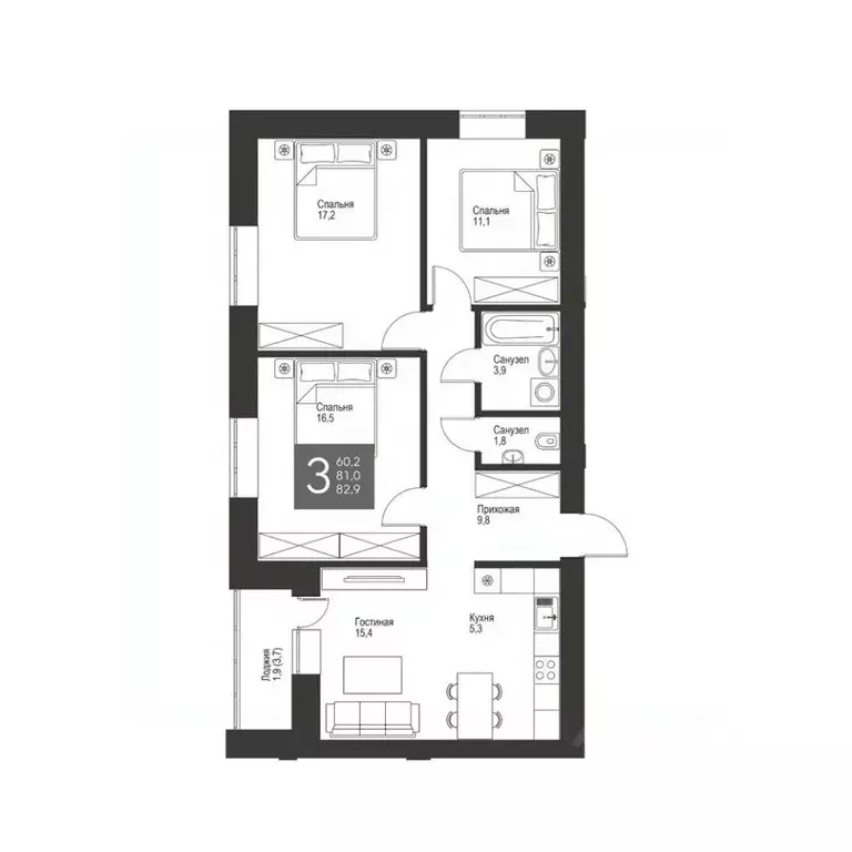 3-к кв. Татарстан, Альметьевск ул. Гафиатуллина, 60 (82.9 м) - Фото 0