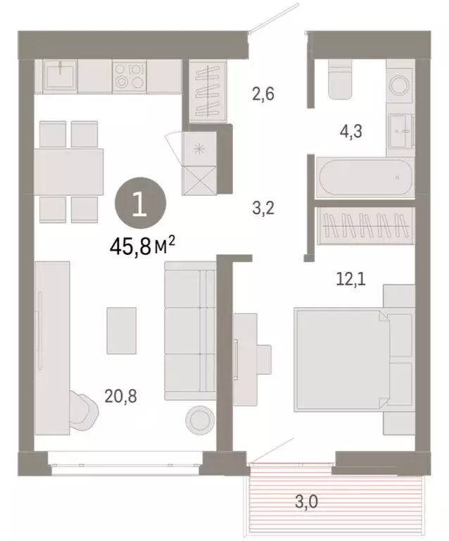 1-комнатная квартира: Тюмень, улица Республики, 205к3 (45.84 м) - Фото 2