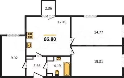 3-к. квартира, 66,8 м, 6/6 эт. - Фото 1