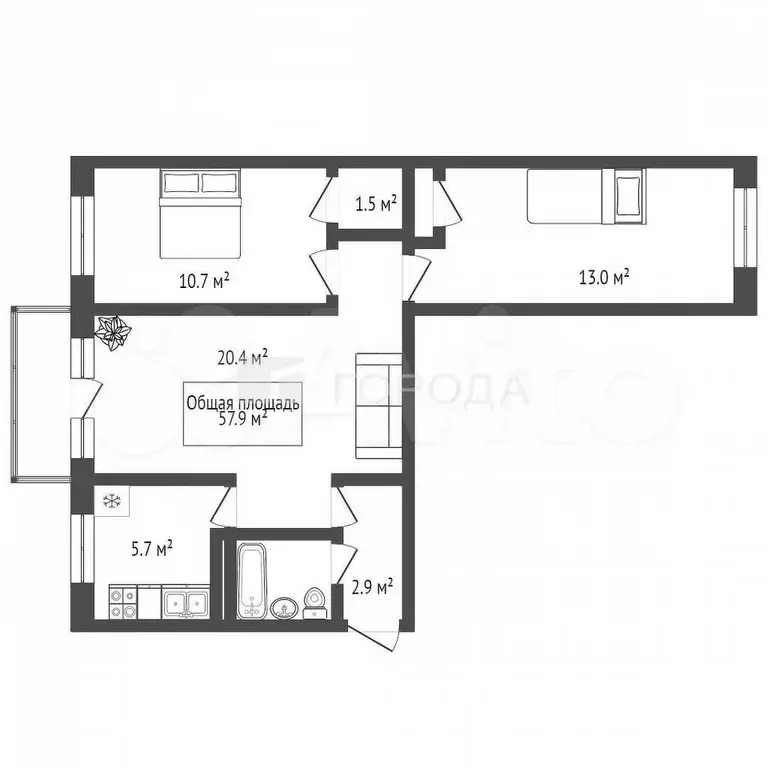 3-к. квартира, 57,9 м, 3/5 эт. - Фото 1