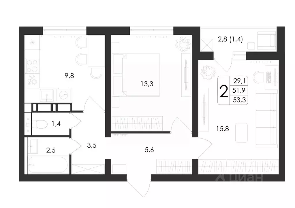 2-к кв. Воронежская область, Воронеж ул. Загоровского, 5/3 (53.3 м) - Фото 0