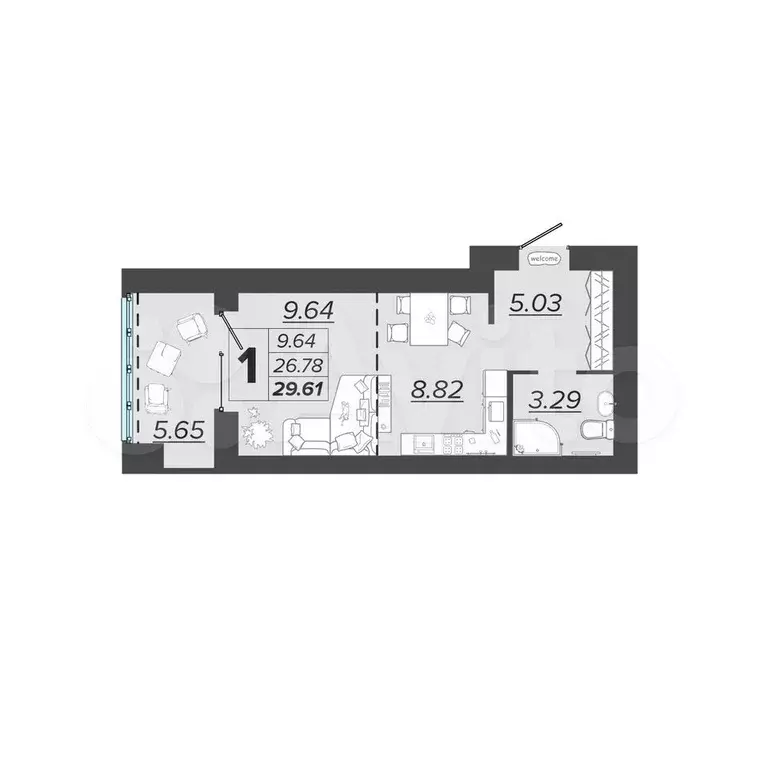 Квартира-студия, 29,6 м, 6/9 эт. - Фото 1