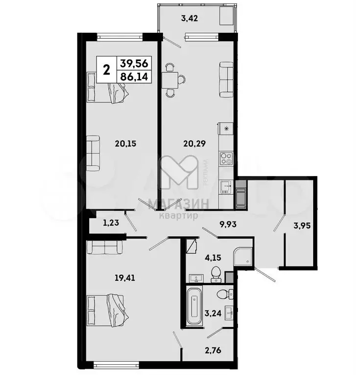 2-к. квартира, 85,1 м, 2/7 эт. - Фото 0