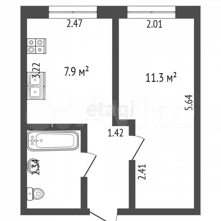 1-к. квартира, 24,9 м, 3/3 эт. - Фото 0